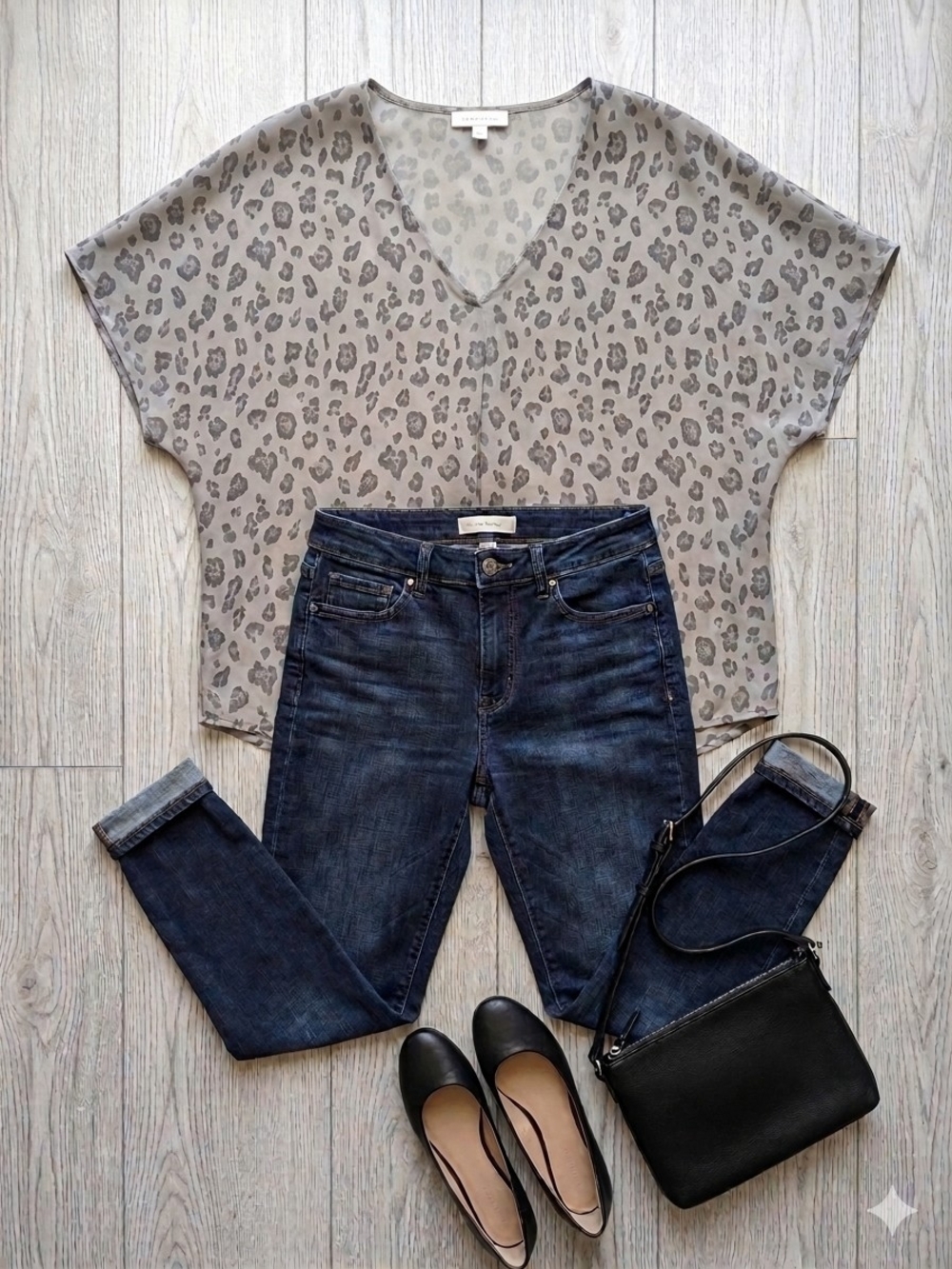 2/$15 Simons Neutral Leopard Print V-Neck Blouse